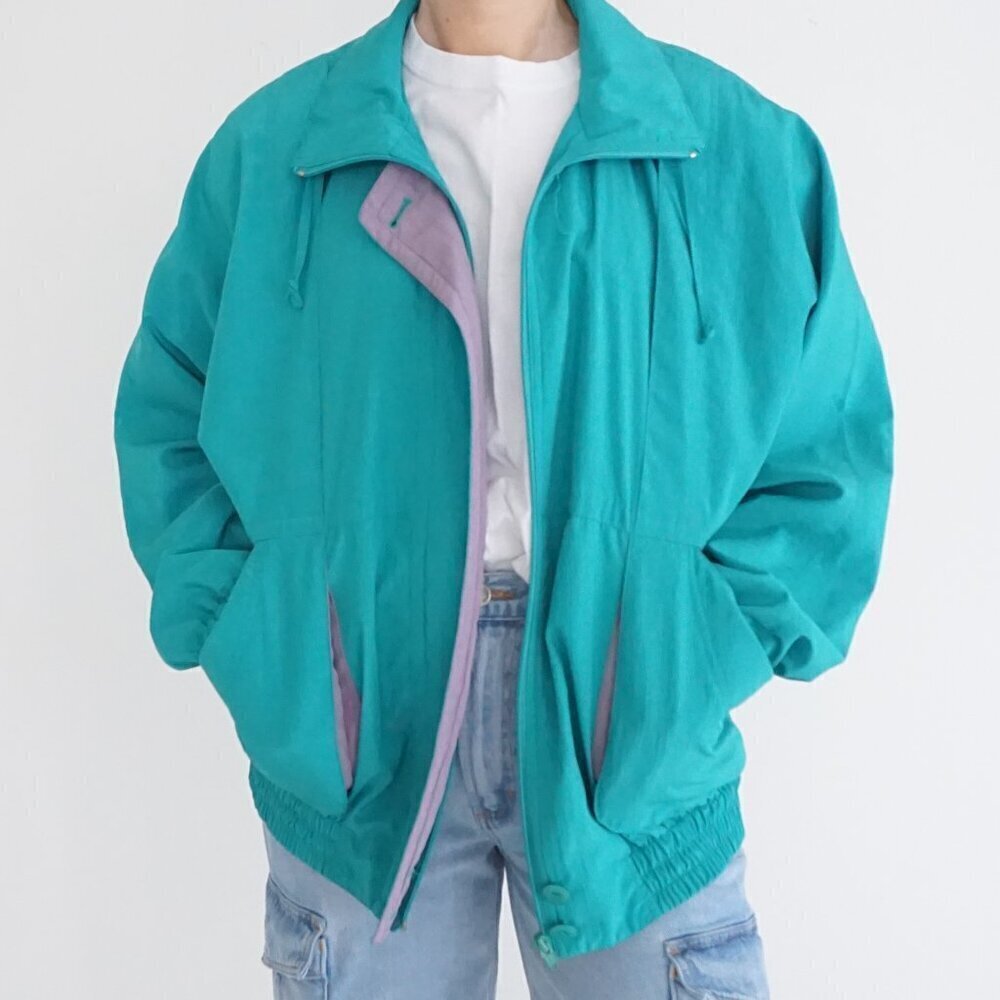 Vintage 80S Cyclone Neon Teal w Purple Trim Zip Up Lightweight Bomber Jacket M